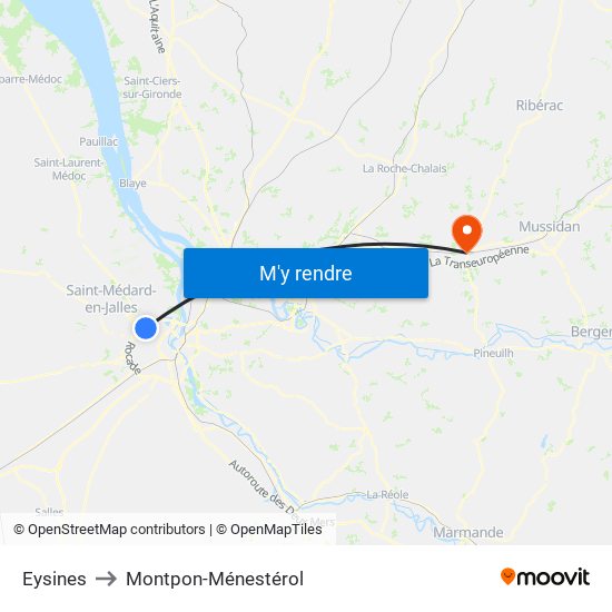 Eysines to Montpon-Ménestérol map