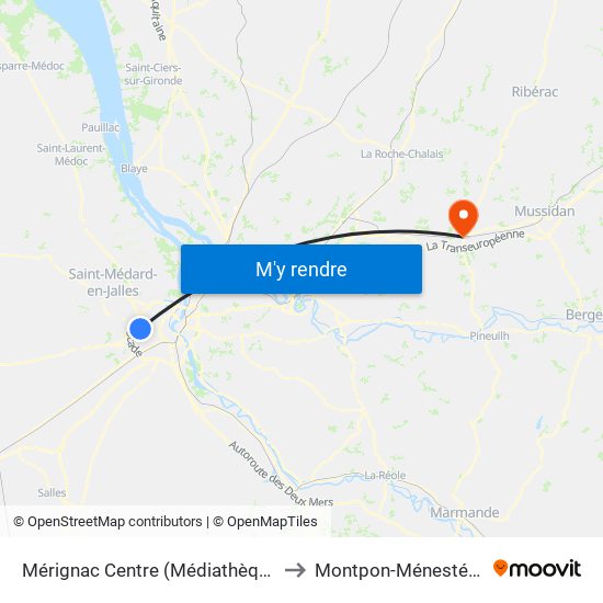 Mérignac Centre (Médiathèque) to Montpon-Ménestérol map