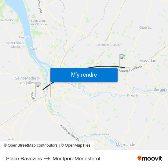 Place Ravezies to Montpon-Ménestérol map