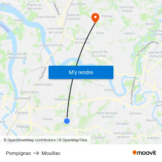 Pompignac to Mouillac map