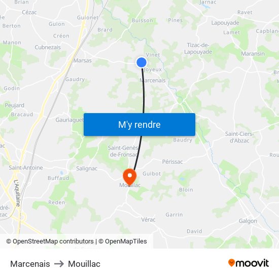 Marcenais to Mouillac map