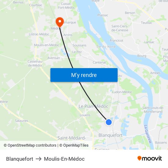 Blanquefort to Moulis-En-Médoc map