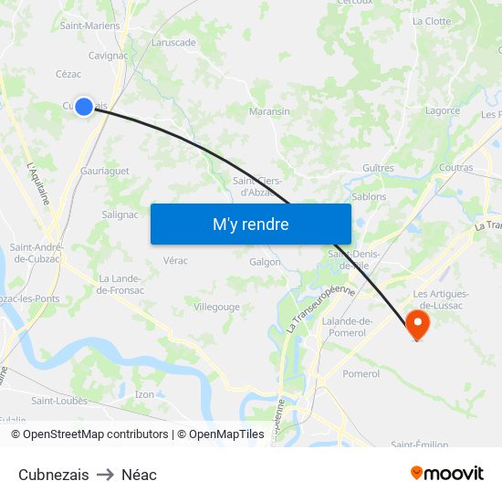 Cubnezais to Néac map
