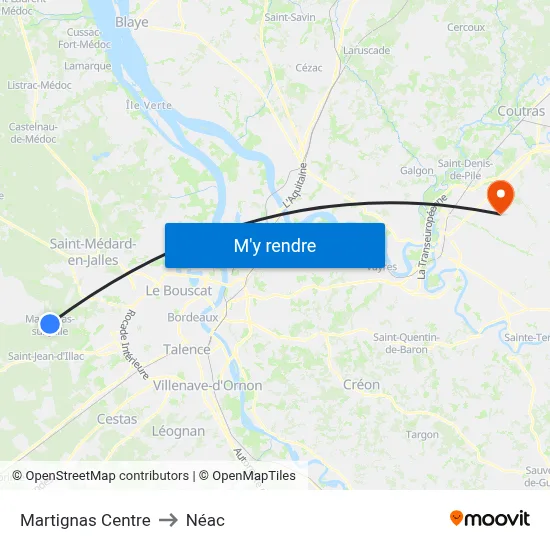Martignas Centre to Néac map