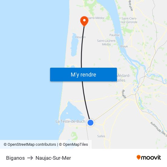 Biganos to Naujac-Sur-Mer map