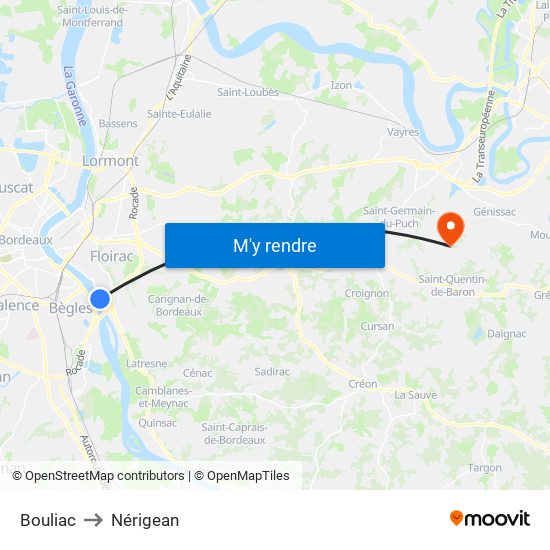 Bouliac to Nérigean map