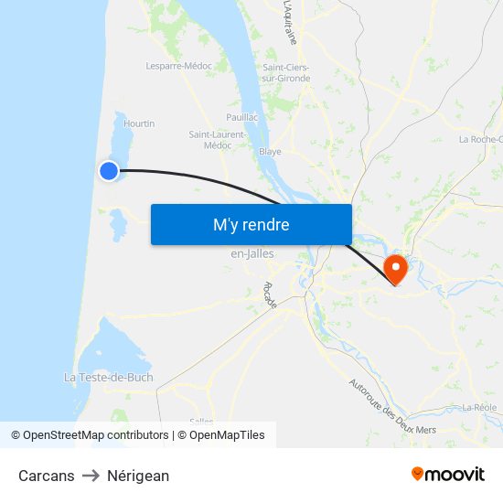 Carcans to Nérigean map