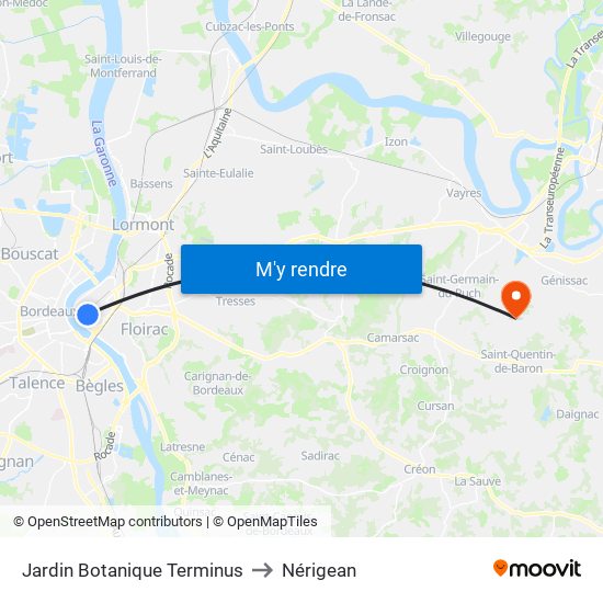 Jardin Botanique Terminus to Nérigean map