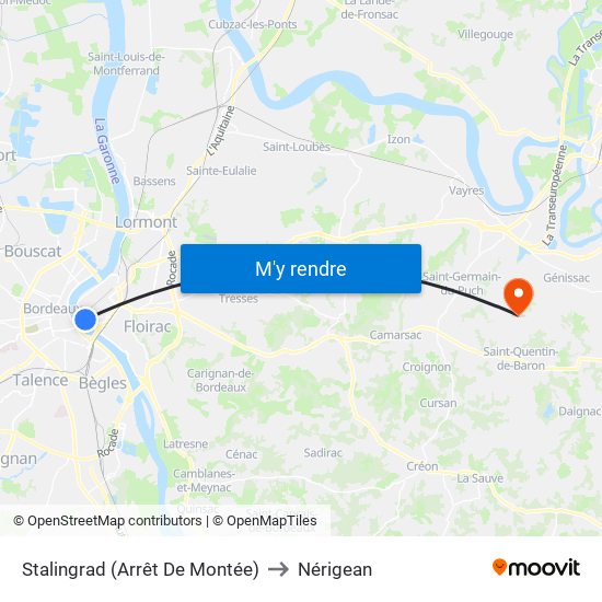Stalingrad (Arrêt De Montée) to Nérigean map