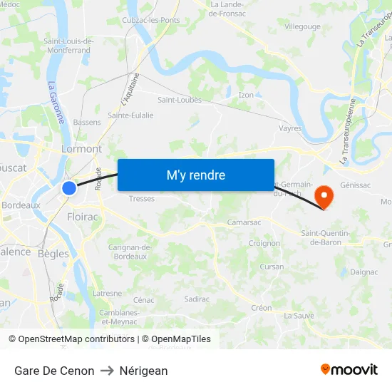 Gare De Cenon to Nérigean map