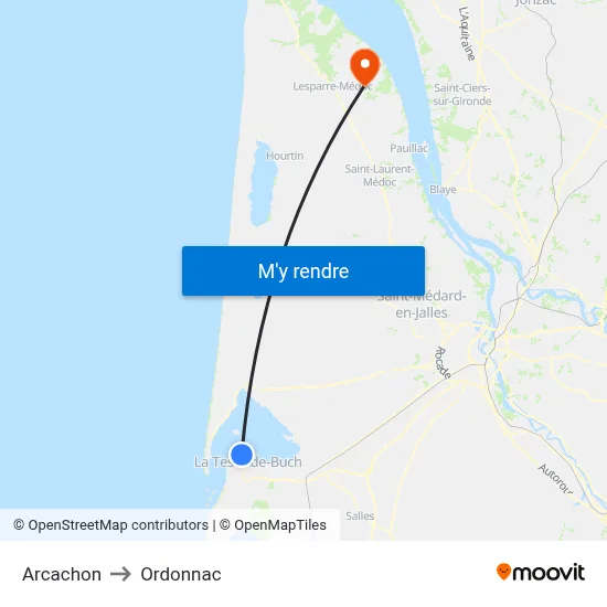 Arcachon to Ordonnac map