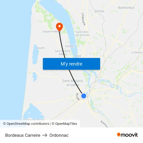 Bordeaux Carreire to Ordonnac map
