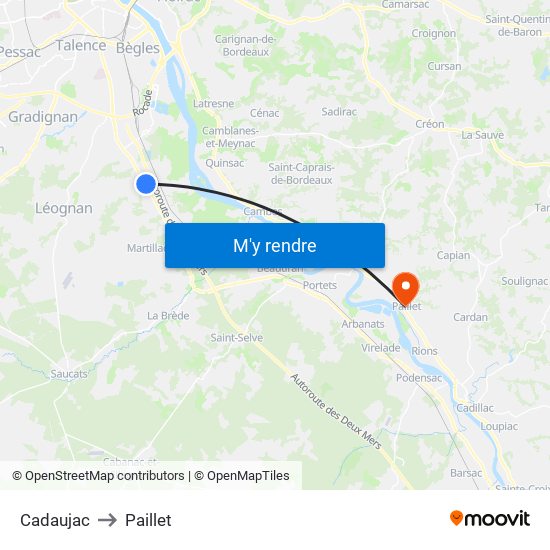 Cadaujac to Paillet map