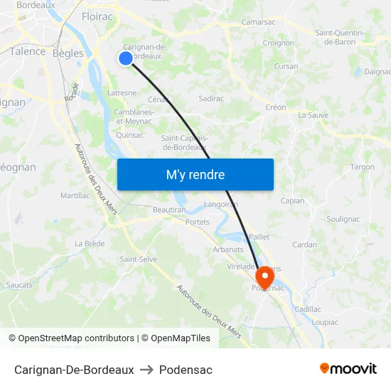 Carignan-De-Bordeaux to Podensac map
