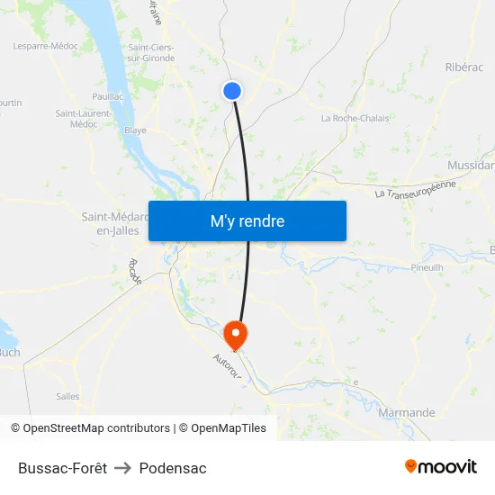 Bussac-Forêt to Podensac map