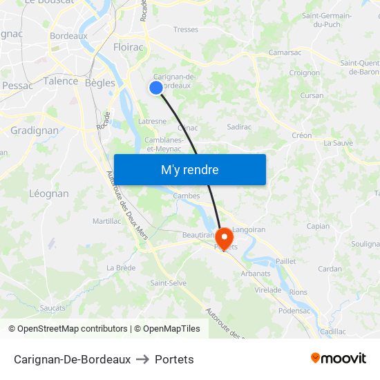 Carignan-De-Bordeaux to Portets map
