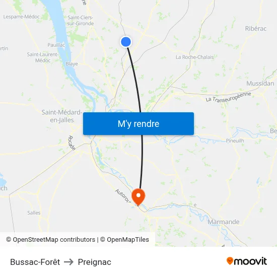 Bussac-Forêt to Preignac map