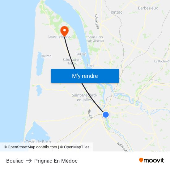 Bouliac to Prignac-En-Médoc map