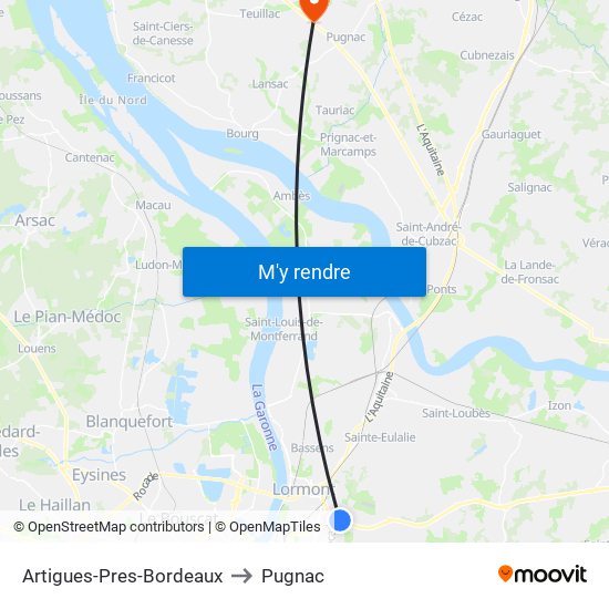 Artigues-Pres-Bordeaux to Pugnac map