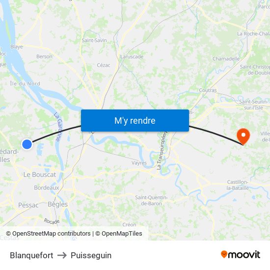Blanquefort to Puisseguin map