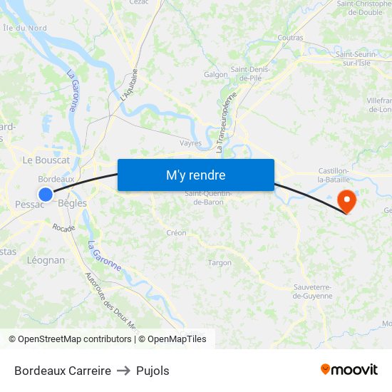 Bordeaux Carreire to Pujols map