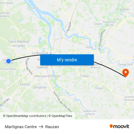 Martignas Centre to Rauzan map