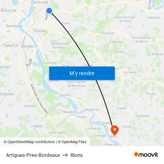 Artigues-Pres-Bordeaux to Rions map