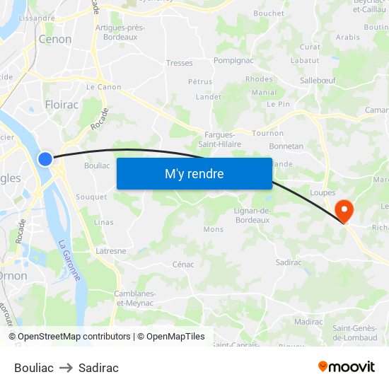 Bouliac to Sadirac map