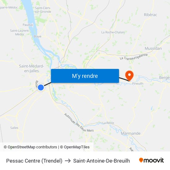 Pessac Centre (Trendel) to Saint-Antoine-De-Breuilh map