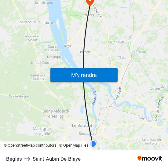 Begles to Saint-Aubin-De-Blaye map