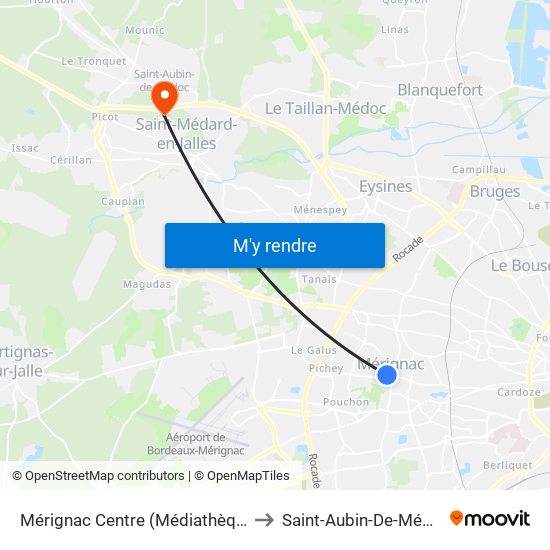 Mérignac Centre (Médiathèque) to Saint-Aubin-De-Médoc map