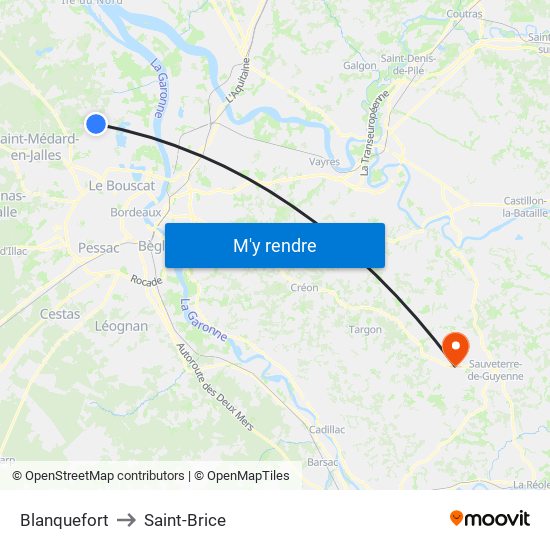 Blanquefort to Saint-Brice map