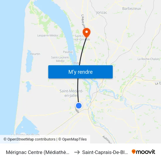 Mérignac Centre (Médiathèque) to Saint-Caprais-De-Blaye map