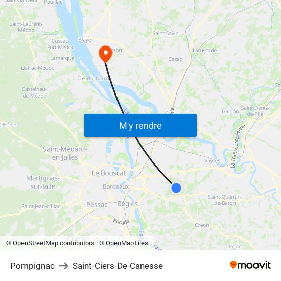 Pompignac to Saint-Ciers-De-Canesse map