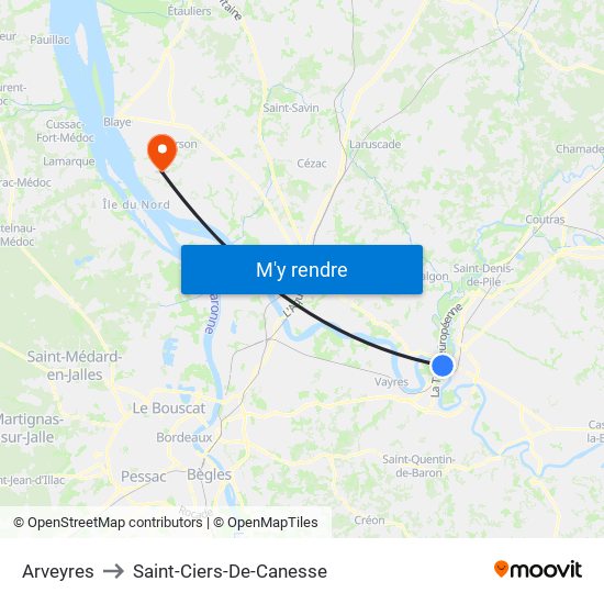 Arveyres to Saint-Ciers-De-Canesse map