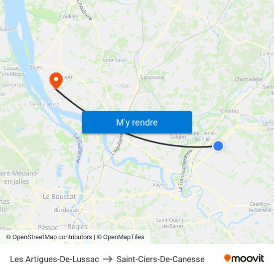 Les Artigues-De-Lussac to Saint-Ciers-De-Canesse map