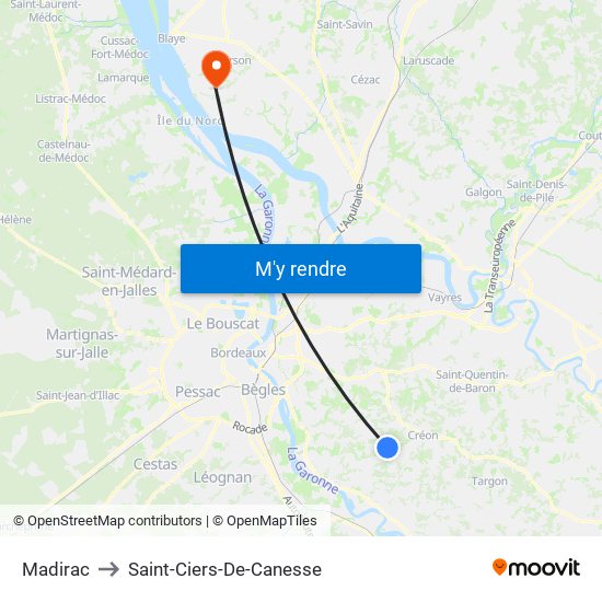 Madirac to Saint-Ciers-De-Canesse map