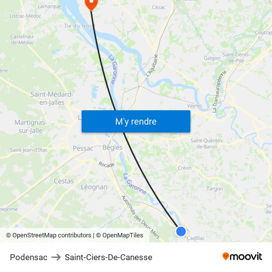 Podensac to Saint-Ciers-De-Canesse map