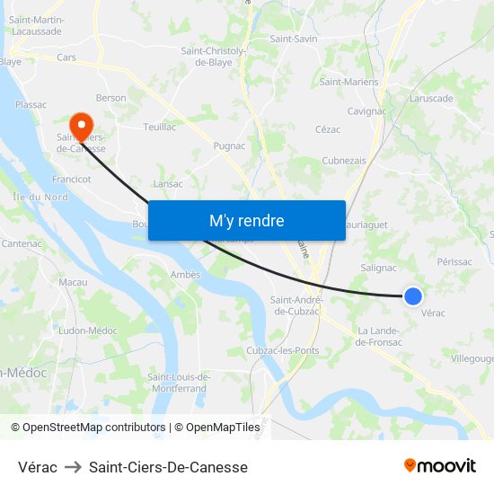 Vérac to Saint-Ciers-De-Canesse map
