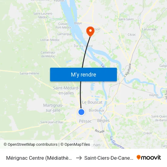 Mérignac Centre (Médiathèque) to Saint-Ciers-De-Canesse map