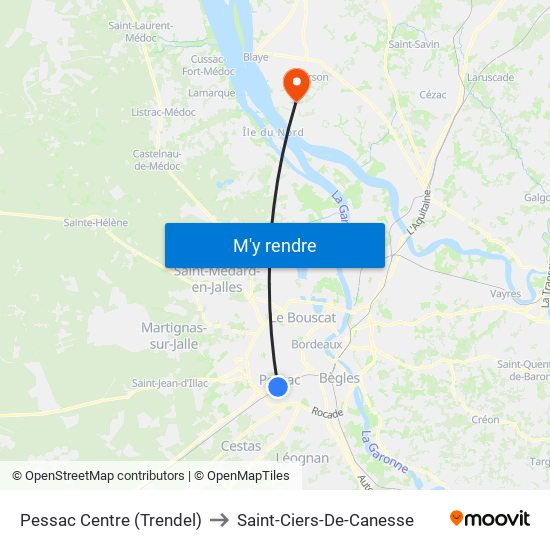 Pessac Centre (Trendel) to Saint-Ciers-De-Canesse map