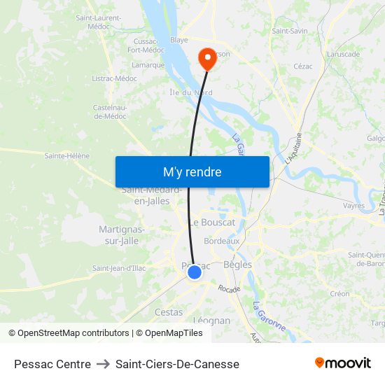 Pessac Centre to Saint-Ciers-De-Canesse map