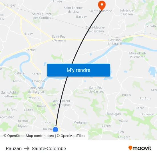 Rauzan to Sainte-Colombe map