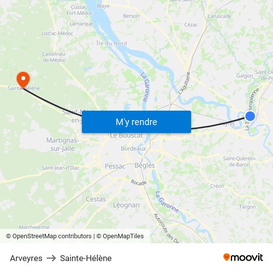 Arveyres to Sainte-Hélène map