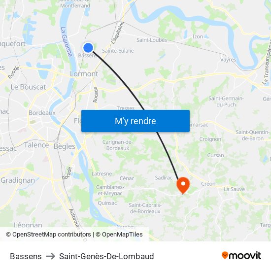 Bassens to Saint-Genès-De-Lombaud map