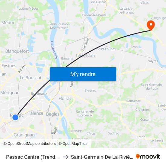 Pessac Centre (Trendel) to Saint-Germain-De-La-Rivière map