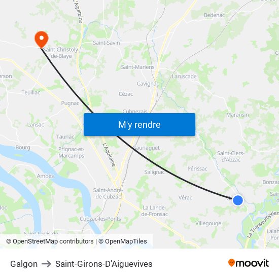 Galgon to Saint-Girons-D'Aiguevives map