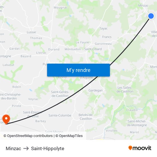 Minzac to Saint-Hippolyte map