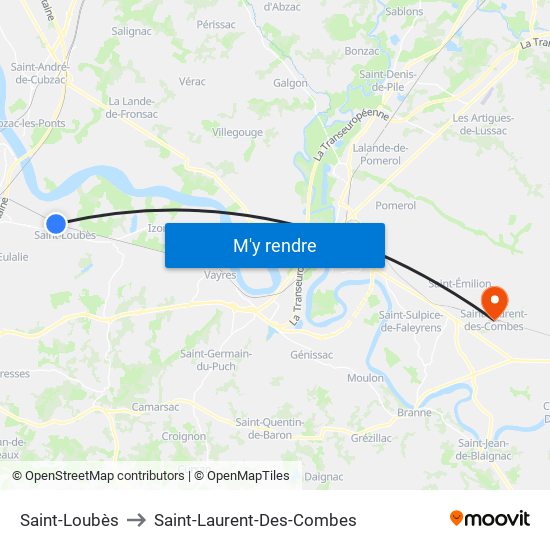 Saint-Loubès to Saint-Laurent-Des-Combes map