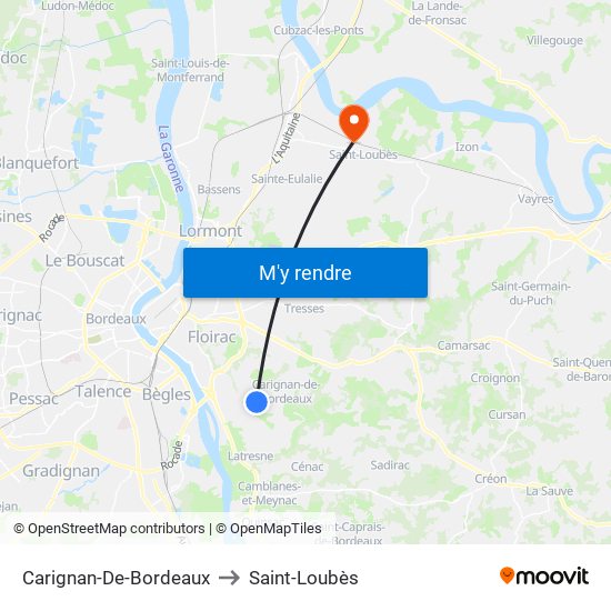 Carignan-De-Bordeaux to Saint-Loubès map